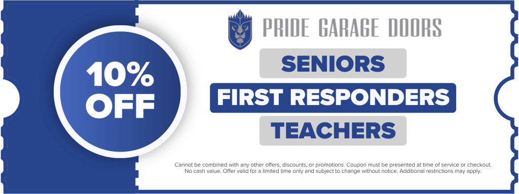 A coupon offering 10% off for seniors, first responders, and teachers from Pride Garage Doors, with terms and conditions.